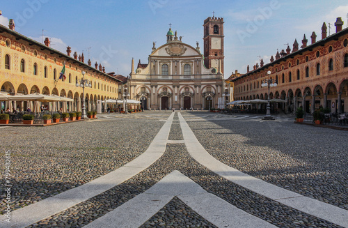 Piazza Ducale of Italian city Vigevano in Renaissance style, beautiful and majestic square, travel to Italy, Europe.