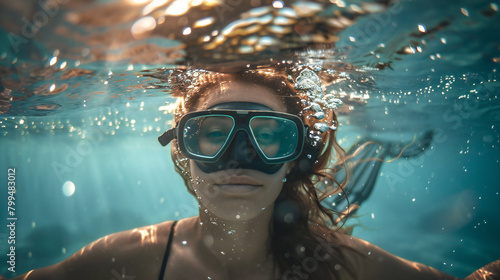 Tranquil Young Woman Relaxing Underwater: A Serene Moment of Calm and Peace in the Enchanting Aquatic Realm