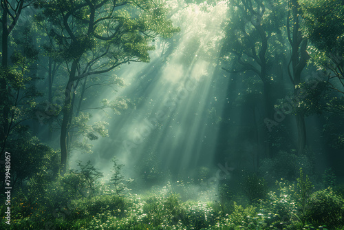 A serene forest blanketed in mist, with sunlight filtering through the canopy, creating a magical atmosphere. Concept of mystical beauty. Generative Ai. © Sebastian
