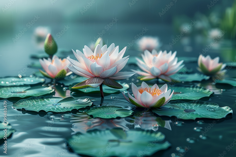 A tranquil pond adorned with water lilies, their delicate petals floating gracefully on the surface. Concept of serene tranquility. Generative Ai.