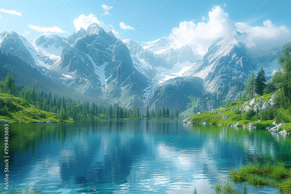 A serene alpine lake nestled between towering peaks, reflecting the majestic beauty of the surrounding landscape. Concept of mountainous beauty. Generative Ai. A serene alpine lake nestled between towering peaks, reflecting the majestic beauty of the surrounding landscape. Concept of mountainous beauty. Generative Ai.