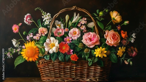 Basket of flowers on table with dark backdrop