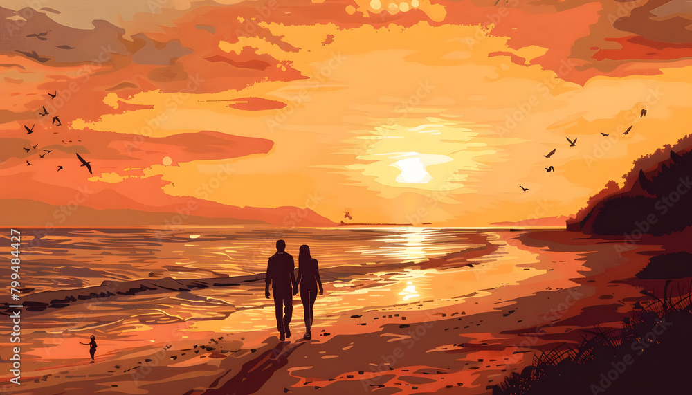 Clipart of a couple holding hands while walking along a deserted beach at sunsetar74v60 Generative AI