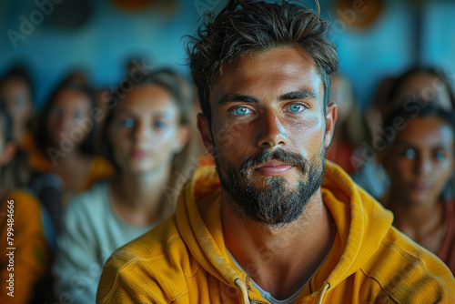 Waiting for one's turn to speak during a group discussion, demonstrating patience and respect for others' opinions. Concept of conversational courtesy. Generative Ai.