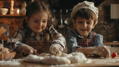 Happy family funny kids are preparing the dough bake