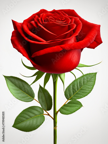 Single red rose in full bloom with green leaves presented on plain backdrop