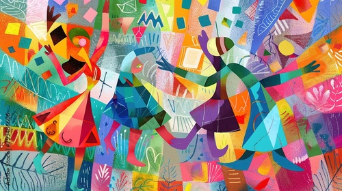 Whimsical, dancing colors illustrating the playful tune of a folk song
