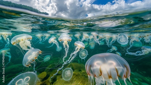 Surreal Underwater Seascape with Majestic Jellyfish Swarm photo