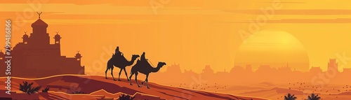 Travelers on camels near ancient Silk Road ruins  golden sunset  wide landscape  historical vibe