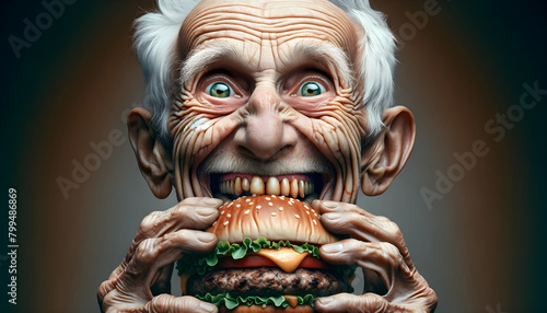 Excited old man about to bite into a juicy hamburger