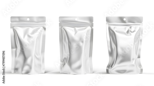 Stand-up pouches at different angles isolated on a white background. White doypacks.