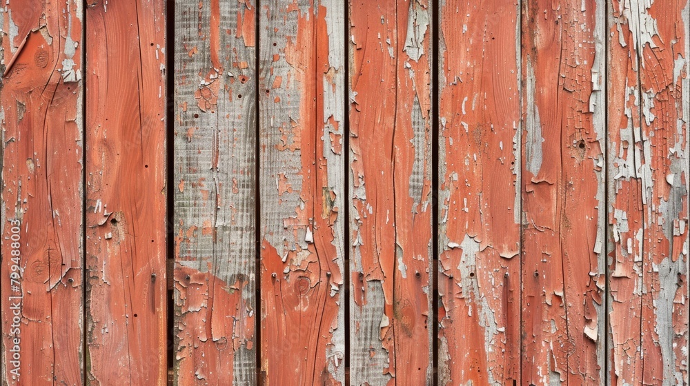 Weathered terracotta paint peeling off a wooden fence ideal for design banners and layouts