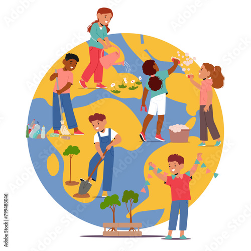 Kids Saving Planet Concept. Happy Children Around A Globe, Watering and Planting Trees, Sweeping, Vector Illustration