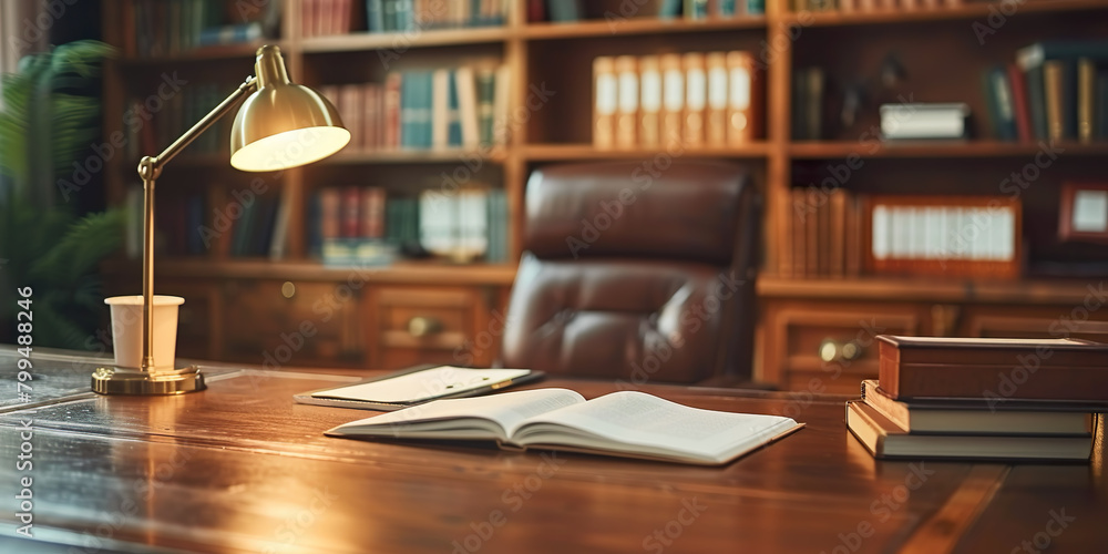Obraz premium Empty lawyer desk with lamp, blurred background