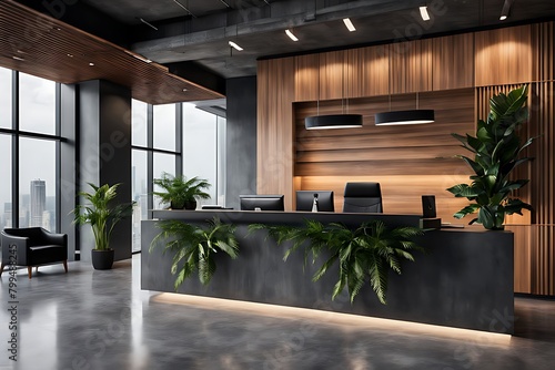  Modern wooden and dark concrete office with panoramic window and city view reception desk and decorative plant. Lobby concept.