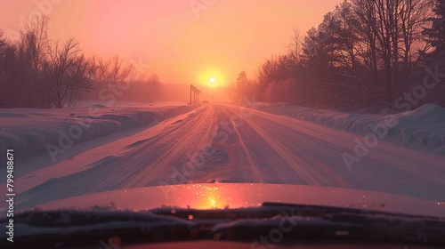 Winter Driving Perspective with Sunset