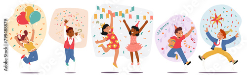Group Of Children Characters Celebrating Birthday With Balloons, Gifts And Confetti. Happy Girls and Boys Sharing Joy