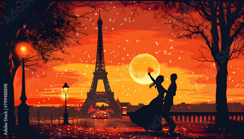 Clipart of a couple dancing under the Eiffel Tower at sunsetar74v60 Generative AI
