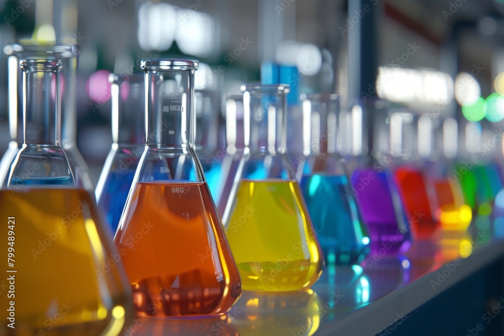 Colorful glass flasks with vivid solutions in a chemical laboratory. Medical research, pharmaceutical discovery. and science concept. Colorful glass flasks with vivid solutions in a chemical laboratory. Medical research, pharmaceutical discovery. and science concept.