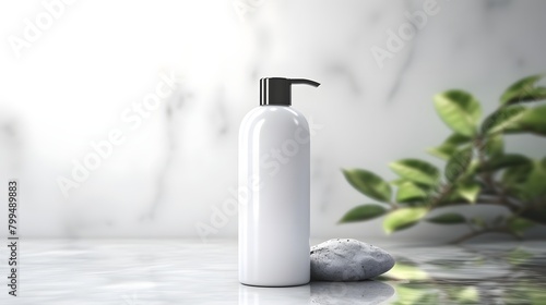 Shampoo bottle mockup with pump for cosmetic products.on light marble background. Front view. Natural Organic Spa Cosmetic concept.