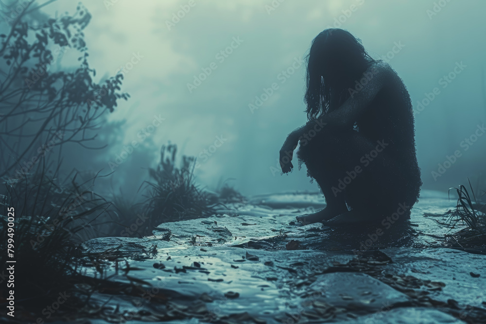 The weight of sorrow bears down heavily, casting a shadow over the person's spirit. Concept of sadness and grief. Generative Ai. The weight of sorrow bears down heavily, casting a shadow over the person's spirit. Concept of sadness and grief. Generative Ai.