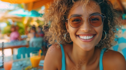 happy african american woman in sunglasses and swimsuit