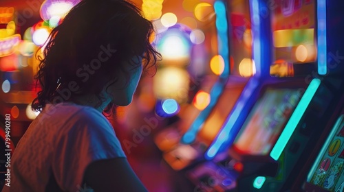 Happy person at jackpot slot machine casino winning lottery gambling addiction concept