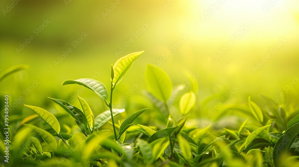 Obraz premium Green tea leaves on a tea plantation, natural landscape, Close-up background