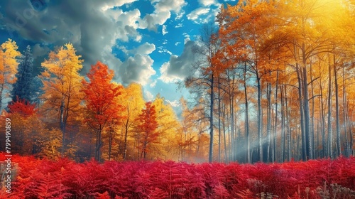 Autumn in forest colorful trees with cloudy sky
