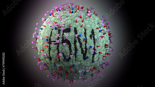 3d render of an H5N1 virus with some of its lipids spelling out "H5N1"
