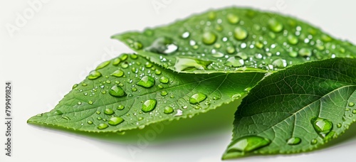 Close up of green leaf with water drops isolated on white background, macro photography. Water droplets on the edge of grass or plant leaf, macro photo, high resolution, high detail, copy space