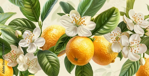 Lemon pattern with flowers and leaves, seamless background, detailed illustration watercolor, background elements