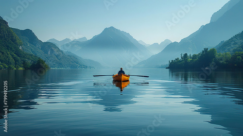 A man in a yellow kayak is paddling down a river in a mountainous area. Generated by AI photo