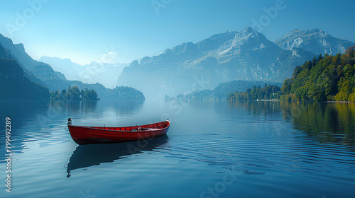 A red boat sits in a calm lake surrounded by mountains. Generated by AI