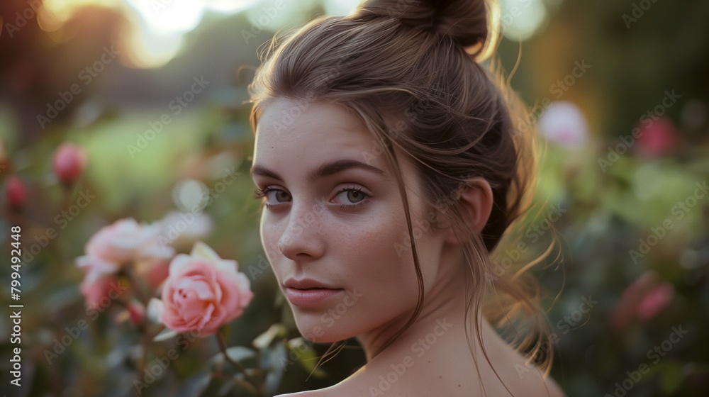 バラを愛でる赤い女性 バラを愛でる赤い女性