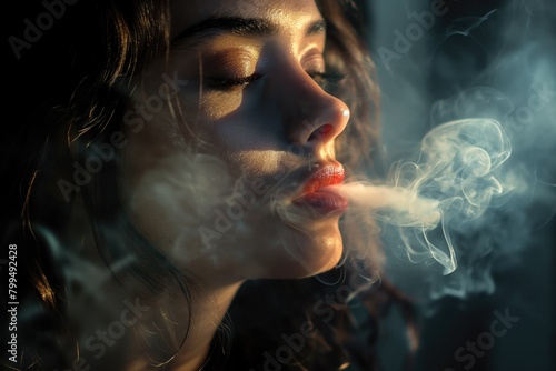 Portrait of beautiful young woman with smoke in her hair, indoor