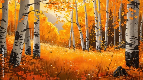 Aspen Autumn Forest Trees grass Painting