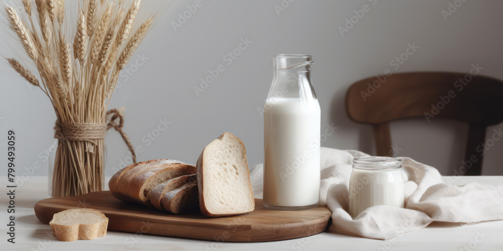 Bread, milk and a wheat on a wooden table. Concept of the Israeli holiday Shavuot. Bread, milk and a wheat on a wooden table. Concept of the Israeli holiday Shavuot.