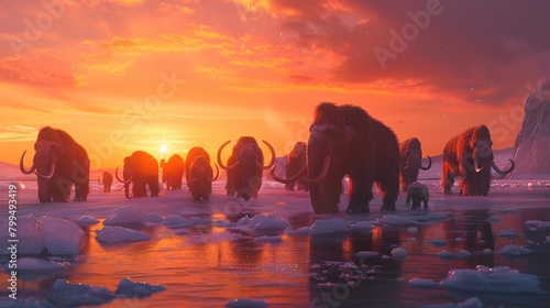 Woolly mammoth herd at sunset in frozen cold landscape, extinct prehistoric animals photo