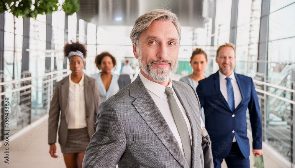 Businessman is looking at you with colleagues rushing behind Businessman is looking at you with colleagues rushing behind