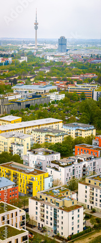 Aerial view of new build business area in Munich  the capital and most populous city of Bavaria