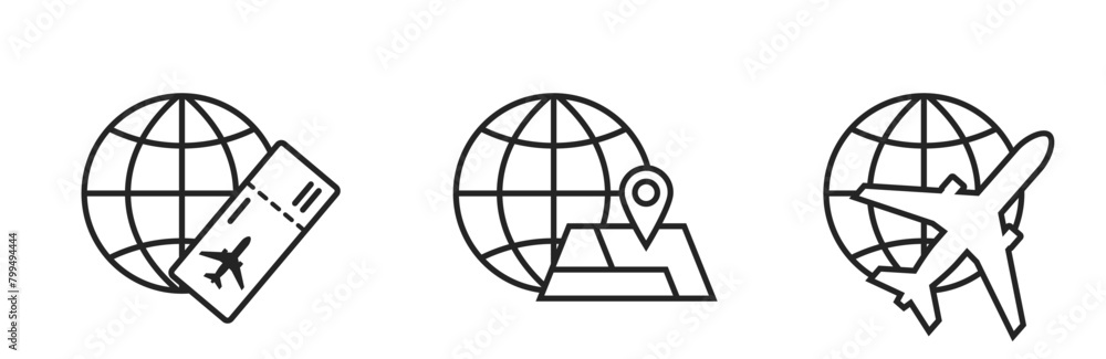 travel line icons. world, flight ticket, map and plane. vacation and journey symbols. isolated vector images for tourism design travel line icons. world, flight ticket, map and plane. vacation and journey symbols. isolated vector images for tourism design