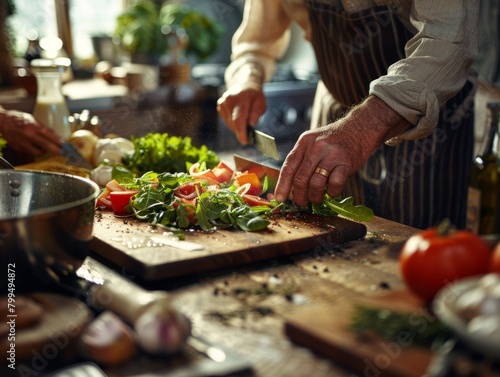 person delicately slicing fresh vegetables on a wooden cutting board in a bustling kitchen setting.