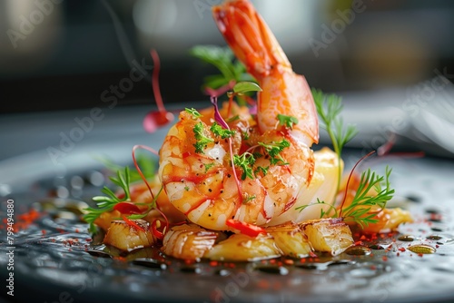 Grilled prawns with herbs on a plate in a restaurant