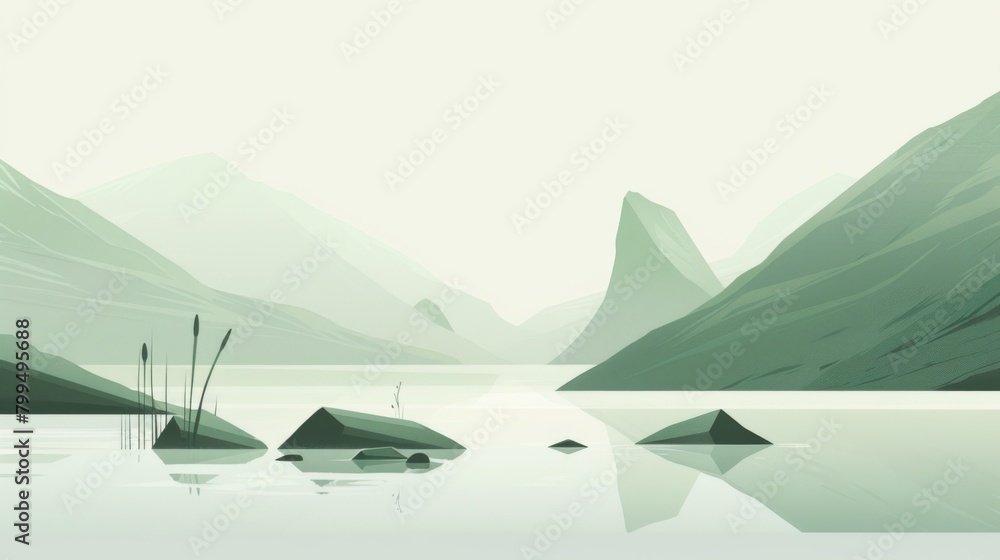 Serene Mountain Lake Landscape in Pastel Tones