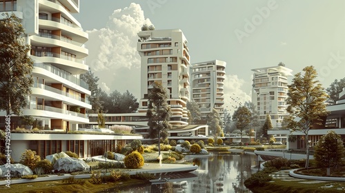 This is an image of a street with modern apartment buildings on both sides. The buildings are mostly white and have large windows