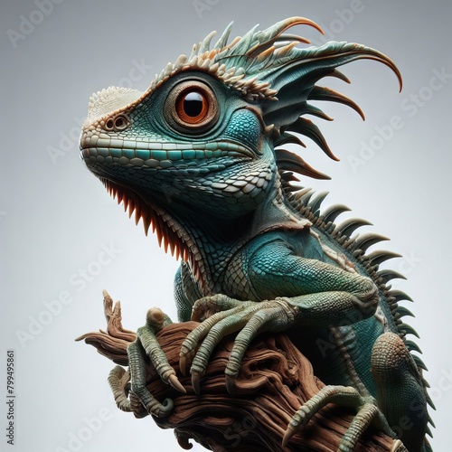 green iguana on a branch on white