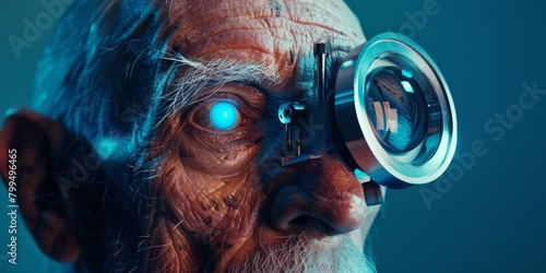 cute pretty old man with a modern electronic artificial eye of the 21st century on blue background. photo
