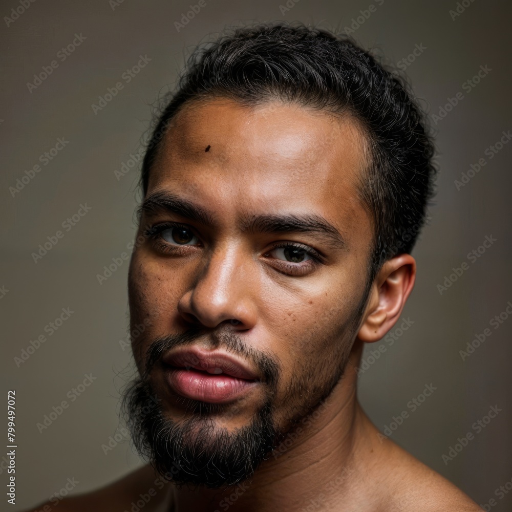 Obraz premium Bearded shirtless man with black hair and no expression looking at camera