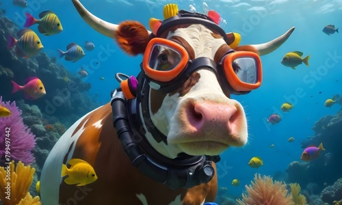 A cow wearing scuba diving gear and goggles underwater, surrounded by colorful fish